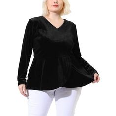 ABOUT US: Our brand is a plus-size brand inspired by the need of its customers. We hope our clothing can match you into various occasions, by the proper tailoring to show your perfect curve and the comfortable fabrics enables you a pleasant experience. This velvet long-sleeve top is perfect for formal and important occasions, and a date with a lover. Plus Size Velvet, Velvet Top Long Sleeve, Long Sleeve Peplum Top, Velour Top, Fashion Feminine, Peplum Tops, Velour Tops, Plus Size Winter, Feminine Chic