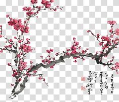 a branch with pink flowers on it and chinese characters in the background png clipart