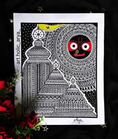 a black and white art print with red roses in the foreground on a black background