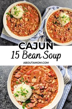 two bowls of cajun bean soup on top of a blue and white towel