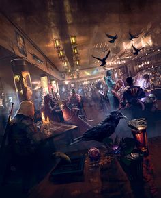 a group of people in a bar with birds flying around