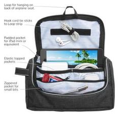 the contents of a travel bag are shown with information about how to pack it in