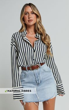 Anderson Top - Collared Long Sleeve Shirt in Navy Stripe Casual Long Sleeve Blouse With Striped Collar, Casual Striped Blouse For Business Casual, Trendy Blouse For Business Casual, Striped Collar Long Sleeve Tops For Summer, Summer Long Sleeve Top With Striped Collar, Chic Long Sleeve Blouse With Striped Collar, Striped Collared Shirt For Fall, Chic Fall Shirt With Collared Neckline, Fall Striped Collared Shirt