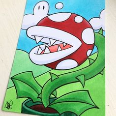 a drawing of a mushroom with its mouth open and teeth out, sitting on a table