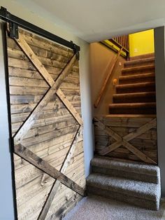 an open sliding door in a house with stairs