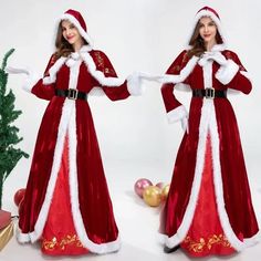 Women Christmas Deluxe Mrs. Claus Costume Set Velvet Dress Hooded Cloak Cape Belt Gloves for New Santa Claus Suit, Santa Claus Costume, Christmas Suit, Role Play Costume, Red Shawl, Red Costume, Dress With Shawl, Fancy Dresses Party, Mrs Claus