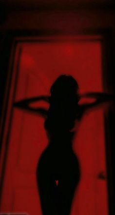 the shadow of a person wearing a hat is shown in front of a red background