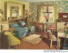 an old photo of a living room with floral wallpaper on the walls and furniture