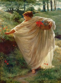 a painting of a woman carrying flowers in her hand and walking down a path to the woods