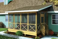 a small blue house with a screened porch