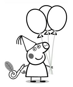 a black and white drawing of a pig holding balloons