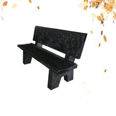 a black bench sitting under a tree with leaves falling from the branches around it and on top of it is a white background