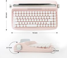 an old fashioned pink typewriter is shown with measurements