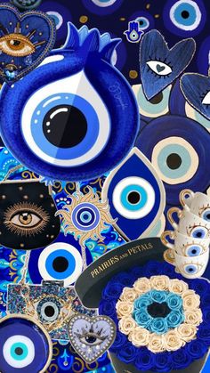 an artistic painting with blue and white designs on the bottom, surrounded by eyeballs