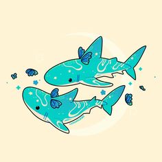 three blue sharks swimming in the ocean with stars on their backs and underbellies