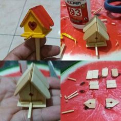 four pictures showing how to make popsicle bird houses with popsicles and glue on them