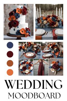 the wedding mood board is full of different colors and designs, including red, orange, blue