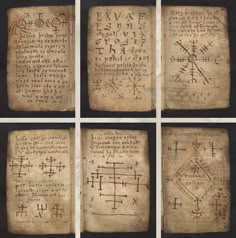 four pages of ancient writing with symbols on them