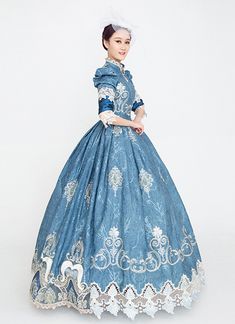 Blue Floral Rococo Marie Antoinette Dress Vintage Rococo Photography Clothing Reenactment Costume Masquerade Party Dresses, Marie Antoinette Dresses, Gothic Victorian Dresses, Antoinette Dress, Rococo Dress, Party Dresses Online, Half Sleeve Dresses, Clothing Photography, Gowns With Sleeves