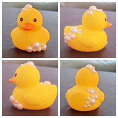 four pictures of a yellow rubber duck with pearls