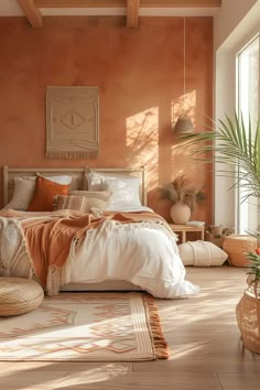 Earthy boho bedroom decor with terracotta roman clay walls, wood bed, moroccan rug, and cozy throw blanket and pillows on the bed Modern Boho Bedroom, Earthy Home, Earthy Bedroom, Modern Luxury Bedroom, Bedroom Orange, Bedroom Decor Cozy, Orange Walls, Boho Bedroom Decor, Bedroom Boho