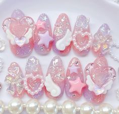 rosenail.a7 on ig Deco Nails Kawaii, Gyaru Nails, Idol Nails, Deco Nails, Dragon Roll, Gel Nails Diy, Nail Stuff