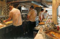 a painting of some people working in a kitchen with lots of food on the counter