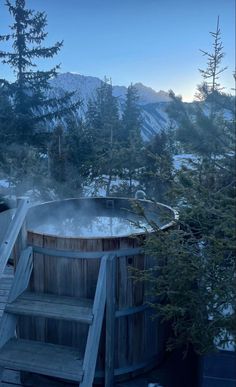 an outdoor hot tub surrounded by trees and snow