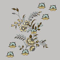 an embroidered design with flowers and leaves on a gray background, in the style of embroidery