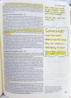 an open bible with the words commandments written in yellow and green on it's pages