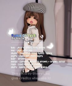 an animated girl in a dress and hat standing next to a wall with the words paris outfit on it