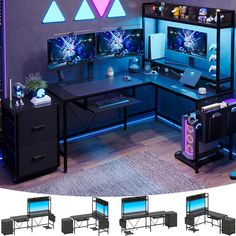 the computer desk has three monitors and two keyboards on it, all lit up with blue lights