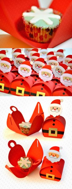 santa clause cupcake toppers are shown in red paper