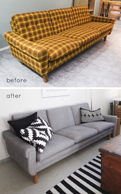 before and after photos of a living room couch