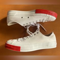 These Are An Awesome Minimal Piece From Jun Takahashi; The Pop Of Red And The “Order” And “Disorder” On The Toe Box Of The Shoe Lends To Its Clean And Minimal Aesthetic. 9 Out Of 10, No Box Chuck 70 Low, Undercover Jun Takahashi, Clean And Minimal, Jun Takahashi, Pop Of Red, Shoes Converse, Converse White, Minimal Aesthetic, Chuck 70