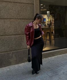 Red leather jacket / long black skirt / 2024 fashion trends / cherry red outfit Cherry Red Jacket Outfit, Cherry Red Leather Jacket Outfit, Cherry Red Jacket, Cherry Red Leather Jacket, Red And Black Outfits Aesthetic, Boots Long Skirt, Red Maxi Skirt Outfit, Aesthetic Classy Outfit, Burgundy Leather Jacket Outfit