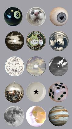 a group of different types of buttons and magnets on a gray background with the moon in the center