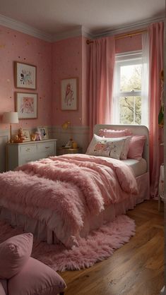 a bedroom with pink walls and flooring