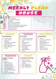 the weekly clean house checklist is shown in pink and yellow