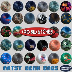 an assortment of hats with the words, 90 squatches party bean bags on them