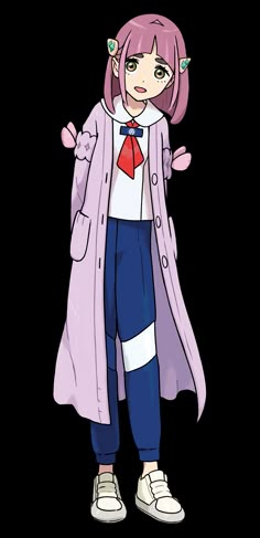 an anime character with pink hair wearing a purple coat and blue pants, standing in front of