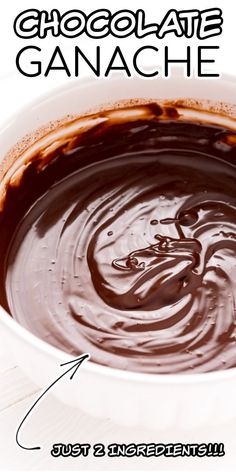 chocolate ganache in a white bowl with an arrow pointing to the top and bottom