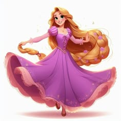 a cartoon girl in a purple dress with long blonde hair, flying through the air