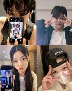 four different pictures of people taking selfies with their cell phones and wearing baseball caps