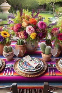 the table is set with colorful flowers and plates