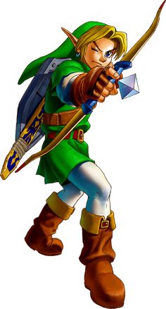 the legend of zelda is holding an arrow and aiming it with its right hand