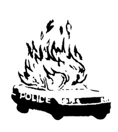 a black and white drawing of a police car with flames coming out of the back