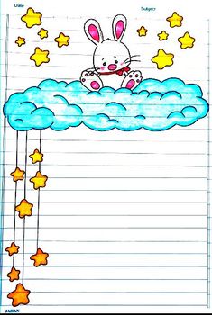 a drawing of a bunny sitting on top of a cloud with stars in the sky