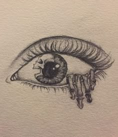 a drawing of an eye with long lashes and a skull in the iris's eye