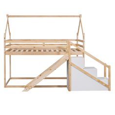 The Twin over Twin House Loft or Bunk Bed with Slide and Staircase is a natural-colored, sturdy pine wood and MDF bed with storage space, climbing nets, and functional design, perfect for families with limited room space.","[Sturdy Construction] Made of high-quality solid pine wood and MDF with reliable construction, this bunk bed frame can last for long time use and ensure strong stability and durability. | Simplie Fun Twin Over Twin House Loft Or Bunk Bed With Slide And Staircase, Natural | Ma Staircase Slide, Bunk Bed Frame, Twin House, House Bunk Bed, Free Reign, Bunk Bed With Slide, House Loft, Space Storage, Bed With Slide